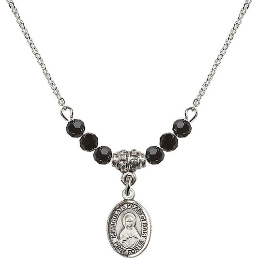 Sterling Silver Immaculate Heart of Mary Birthstone Necklace with Jet Beads - 9337