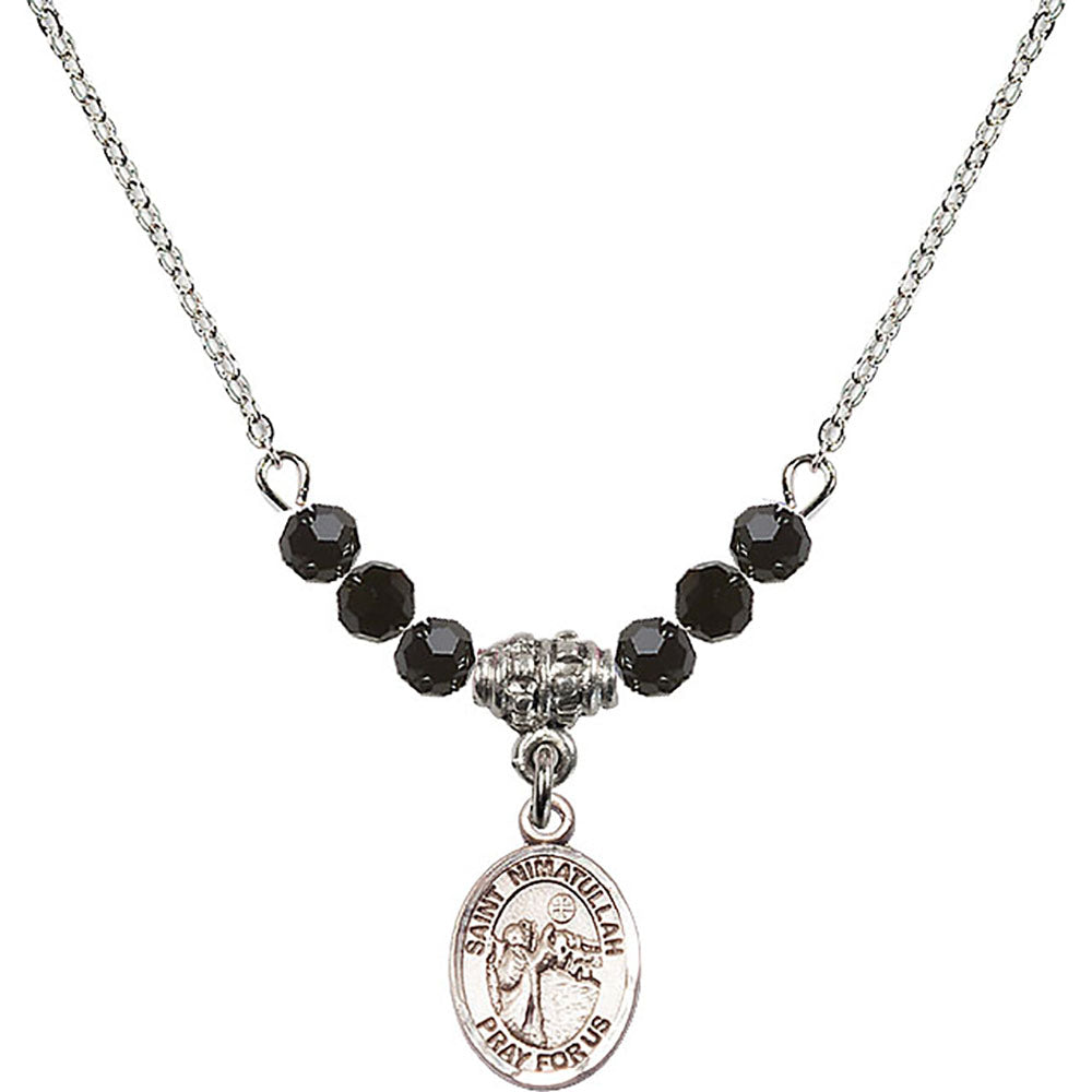 Sterling Silver Saint Nimatullah Birthstone Necklace with Jet Beads - 9339