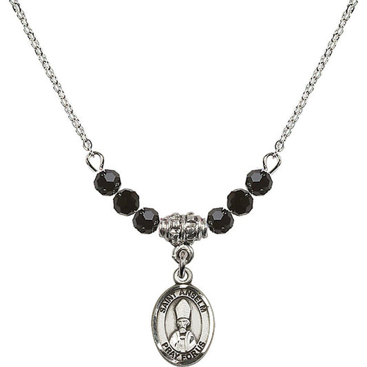 Sterling Silver Saint Anselm of Canterbury Birthstone Necklace with Jet Beads - 9342