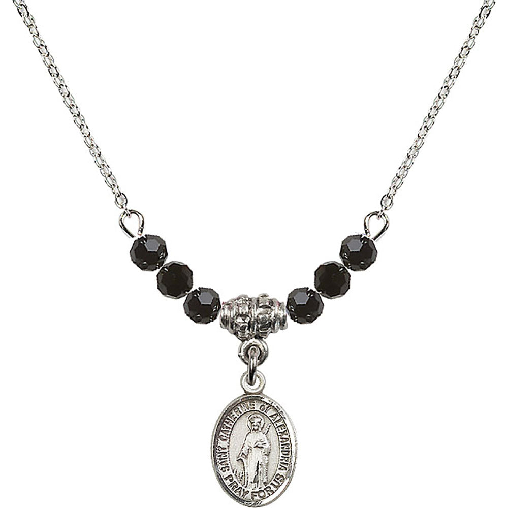 Sterling Silver Saint Catherine of Alexandria Birthstone Necklace with Jet Beads - 9343