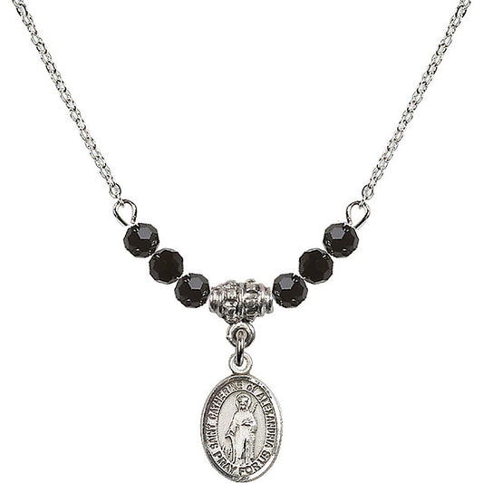 Sterling Silver Saint Catherine of Alexandria Birthstone Necklace with Jet Beads - 9343