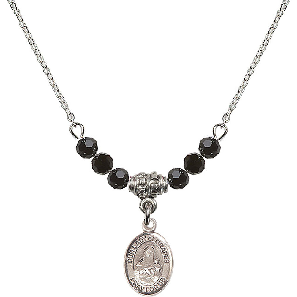 Sterling Silver Our Lady of Grapes Birthstone Necklace with Jet Beads - 9347