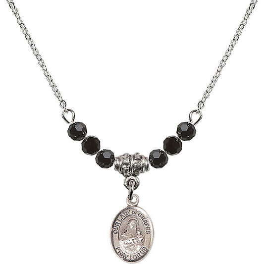 Sterling Silver Our Lady of Grapes Birthstone Necklace with Jet Beads - 9347