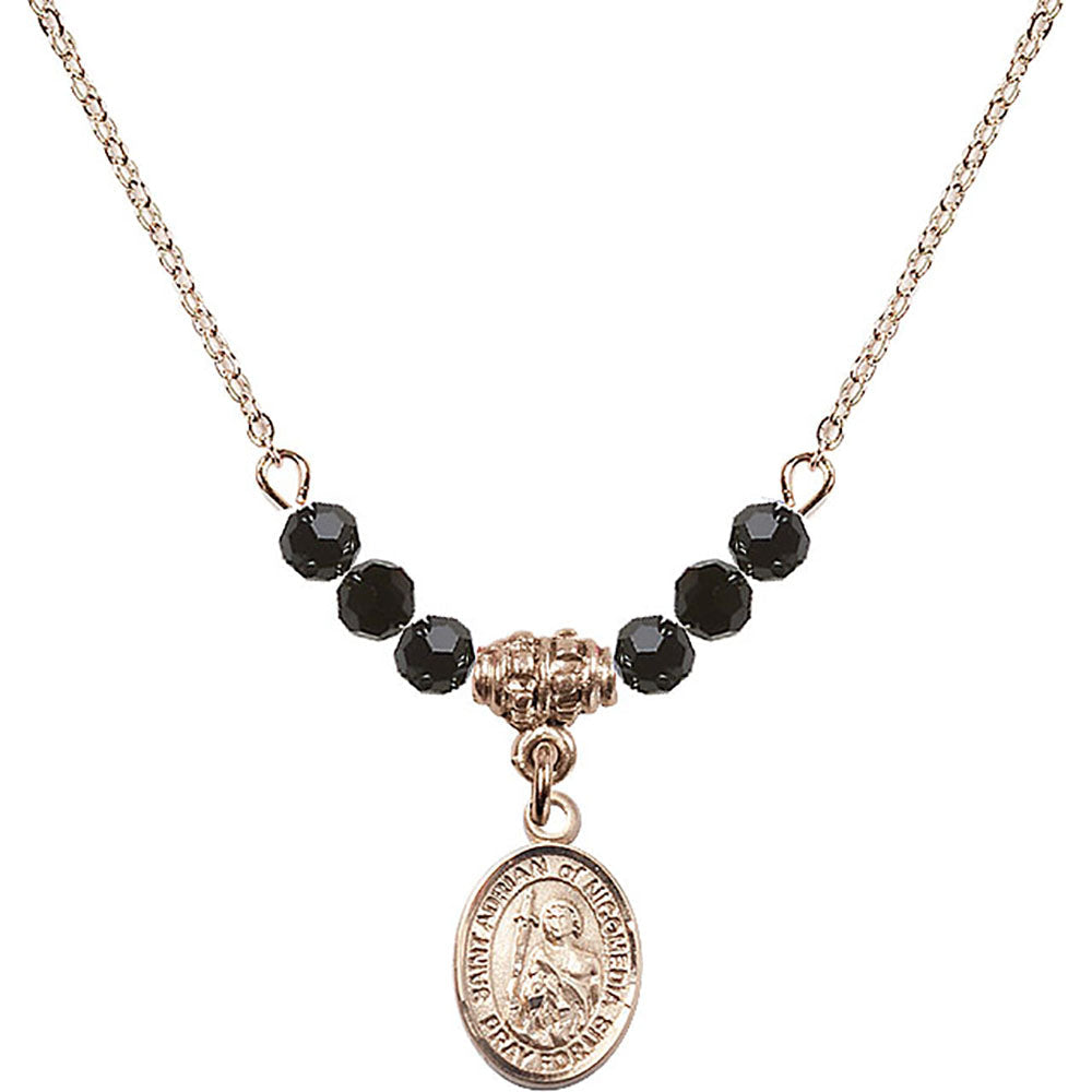 14kt Gold Filled Saint Adrian of Nicomedia Birthstone Necklace with Jet Beads - 9353
