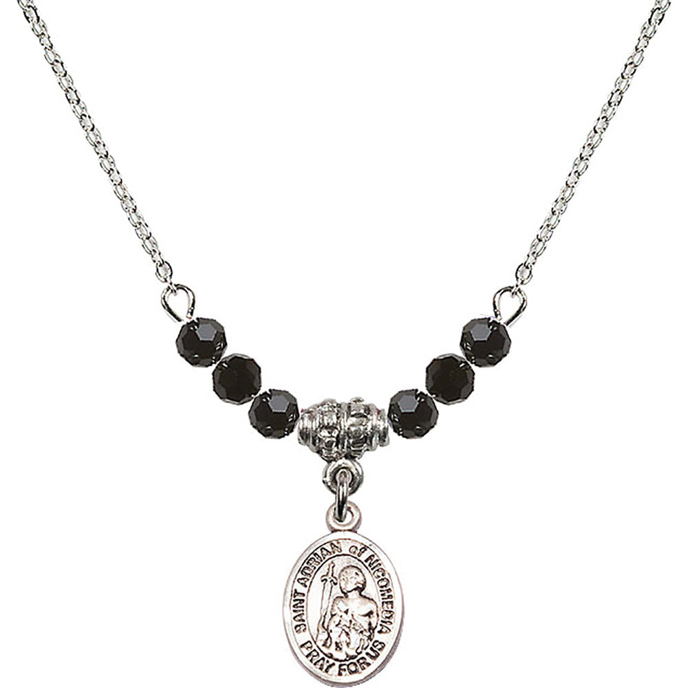 Sterling Silver Saint Adrian of Nicomedia Birthstone Necklace with Jet Beads - 9353