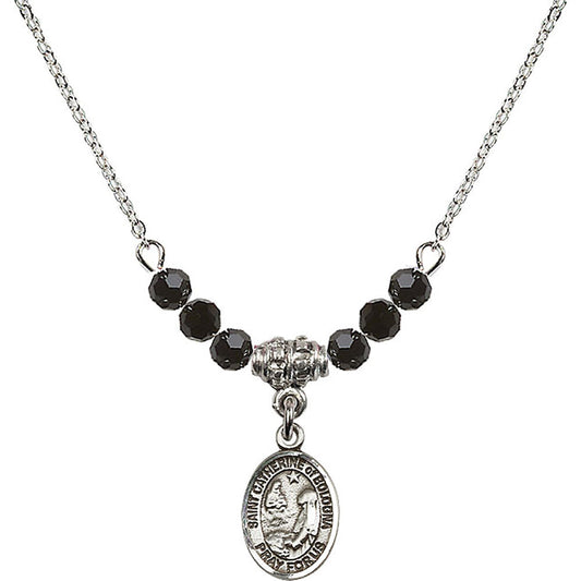 Sterling Silver Saint Catherine of Bologna Birthstone Necklace with Jet Beads - 9354