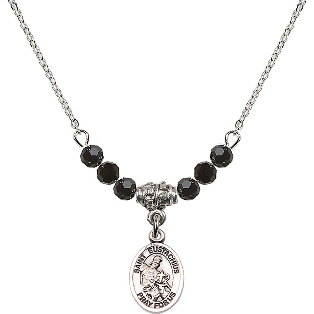 Sterling Silver Saint Eustachius Birthstone Necklace with Jet Beads - 9356