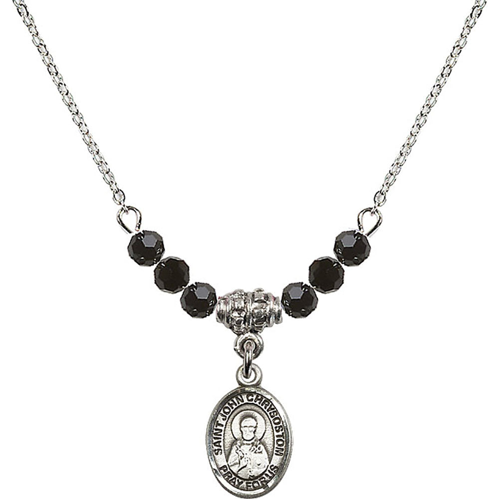Sterling Silver Saint John Chrysostom Birthstone Necklace with Jet Beads - 9357