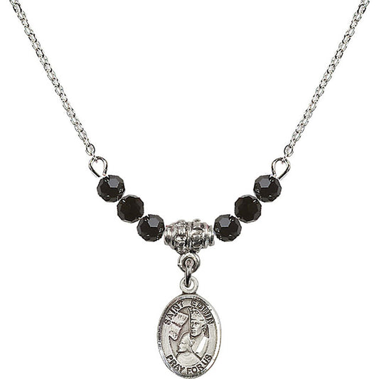 Sterling Silver Saint Edwin Birthstone Necklace with Jet Beads - 9361