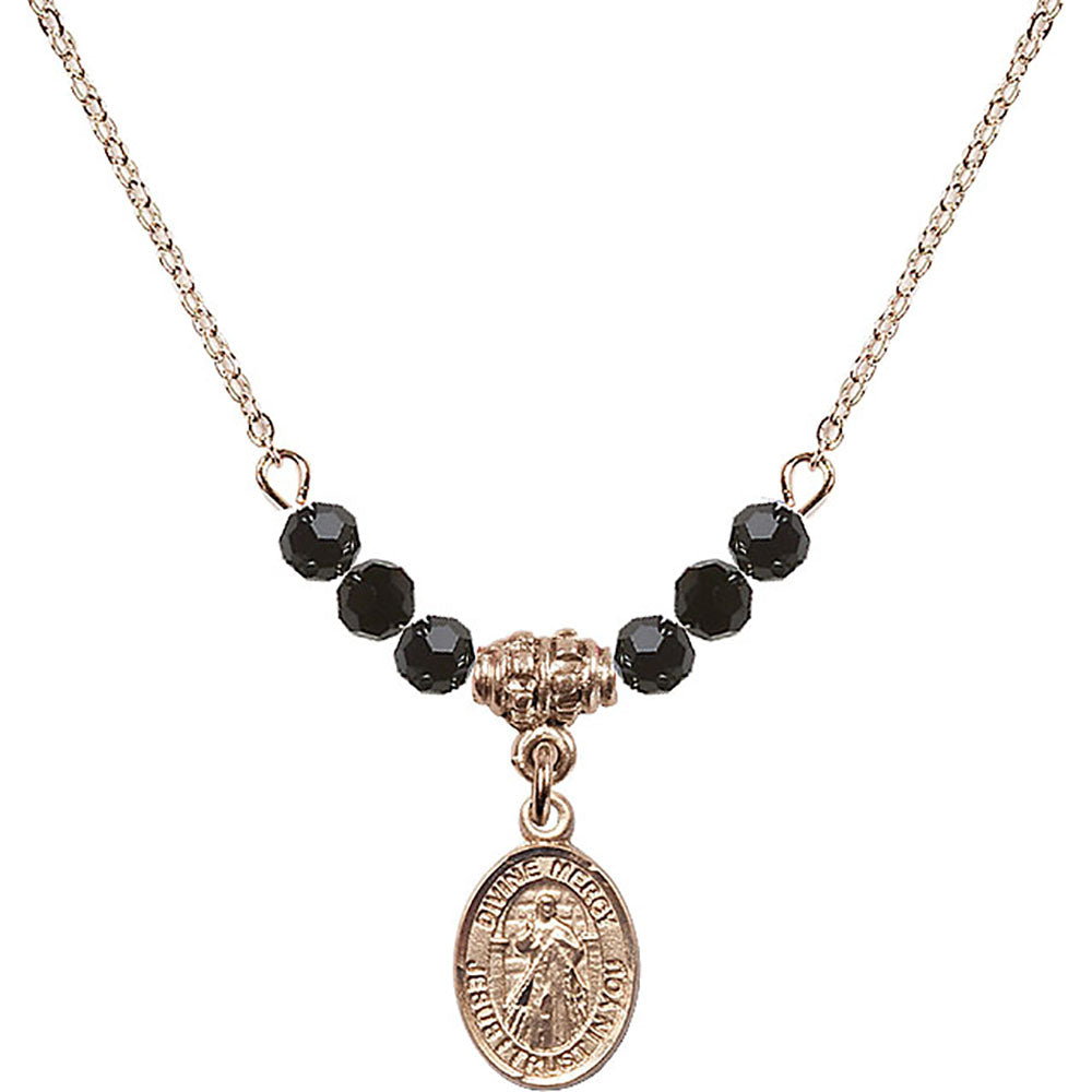 14kt Gold Filled Divine Mercy Birthstone Necklace with Jet Beads - 9366