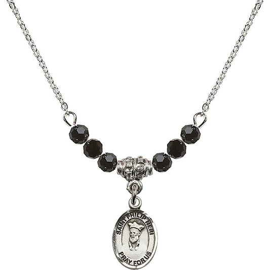 Sterling Silver Saint Philip Neri Birthstone Necklace with Jet Beads - 9369