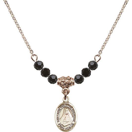 14kt Gold Filled Saint Rose Philippine Duchesne Birthstone Necklace with Jet Beads - 9371