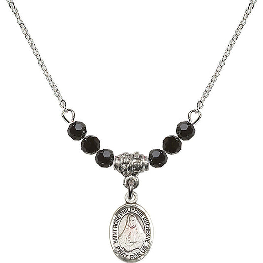 Sterling Silver Saint Rose Philippine Duchesne Birthstone Necklace with Jet Beads - 9371