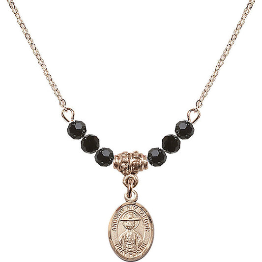 14kt Gold Filled Saint Andrew Kim Taegon Birthstone Necklace with Jet Beads - 9373