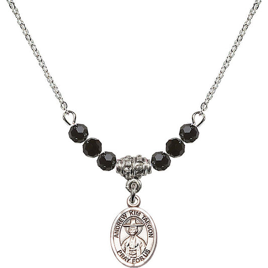 Sterling Silver Saint Andrew Kim Taegon Birthstone Necklace with Jet Beads - 9373