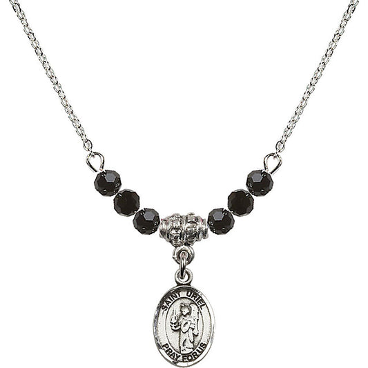 Sterling Silver Saint Uriel the Archangel Birthstone Necklace with Jet Beads - 9378