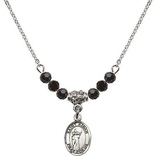 Sterling Silver Saint Aidan of Lindesfarne Birthstone Necklace with Jet Beads - 9381