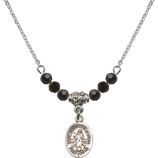 Sterling Silver Saint Bernadine of Sienna Birthstone Necklace with Jet Beads - 9387