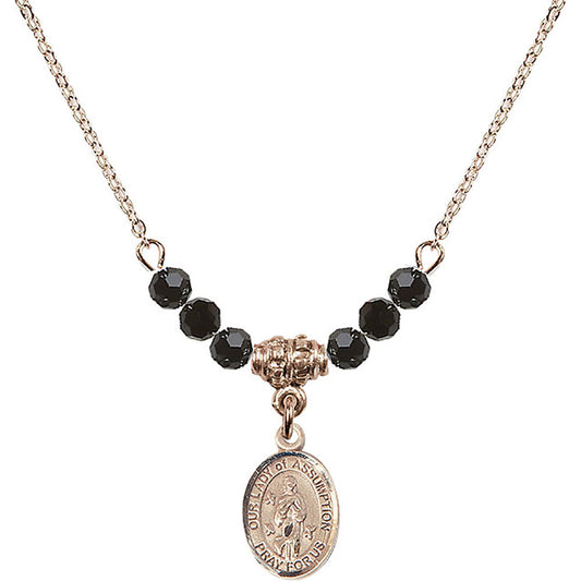 14kt Gold Filled Our Lady of Assumption Birthstone Necklace with Jet Beads - 9388