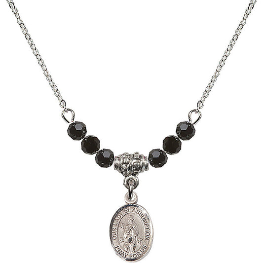 Sterling Silver Our Lady of Assumption Birthstone Necklace with Jet Beads - 9388