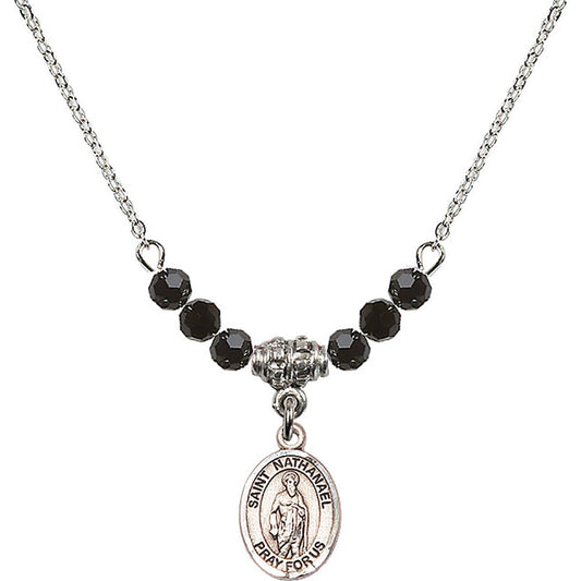 Sterling Silver Saint Nathanael Birthstone Necklace with Jet Beads - 9398