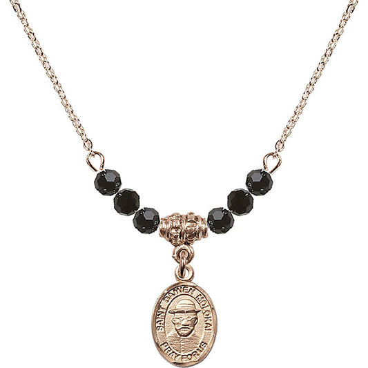 14kt Gold Filled Saint Damien of Molokai Birthstone Necklace with Jet Beads - 9412