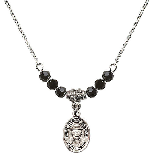 Sterling Silver Saint Damien of Molokai Birthstone Necklace with Jet Beads - 9412