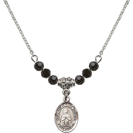 Sterling Silver Our Lady of Rosa Mystica Birthstone Necklace with Jet Beads - 9413