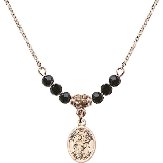 14kt Gold Filled Saint Theodore Stratelates Birthstone Necklace with Jet Beads - 9415