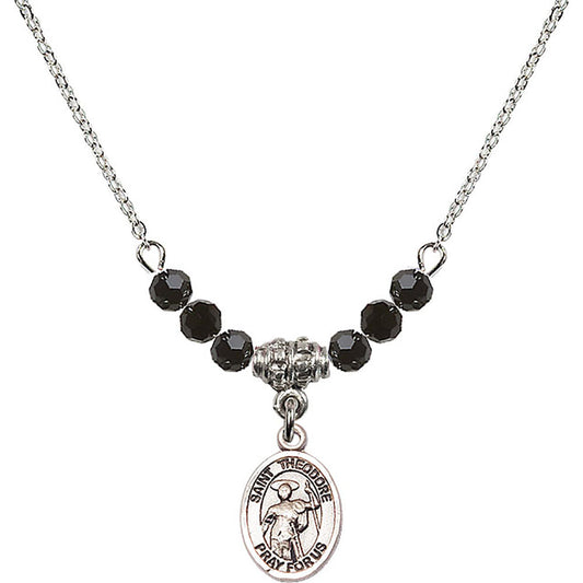 Sterling Silver Saint Theodore Stratelates Birthstone Necklace with Jet Beads - 9415