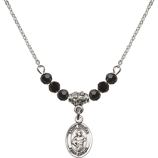 Sterling Silver Saint Dismas Birthstone Necklace with Jet Beads - 9418