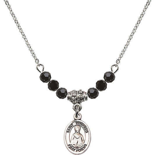 Sterling Silver Saint Winifred of Wales Birthstone Necklace with Jet Beads - 9419