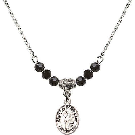 Sterling Silver Saint Margaret Mary Alacoque Birthstone Necklace with Jet Beads - 9420