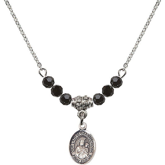 Sterling Silver Our Lady of Czestochowa Birthstone Necklace with Jet Beads - 9421