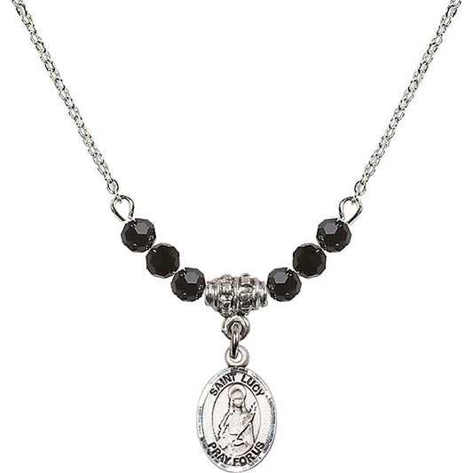 Sterling Silver Saint Lucy Birthstone Necklace with Jet Beads - 9422