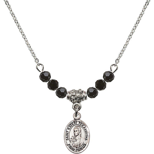 Sterling Silver Saint Kateri Tekakwitha Birthstone Necklace with Jet Beads - 9438