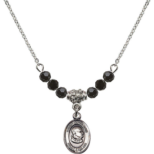 Sterling Silver Saint John XXIII Birthstone Necklace with Jet Beads - 9455