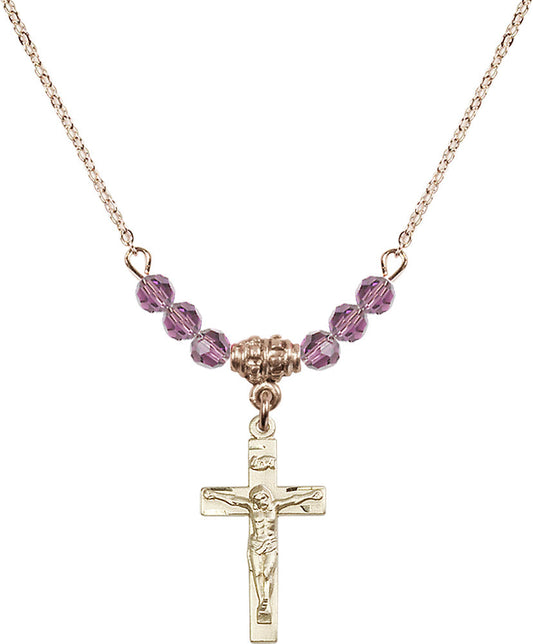 14kt Gold Filled Crucifix Birthstone Necklace with Light Amethyst Beads - 0001