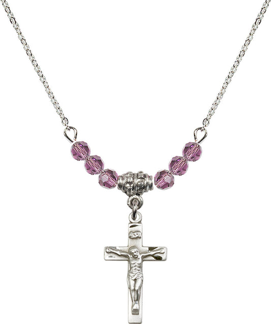 Sterling Silver Crucifix Birthstone Necklace with Light Amethyst Beads - 0001