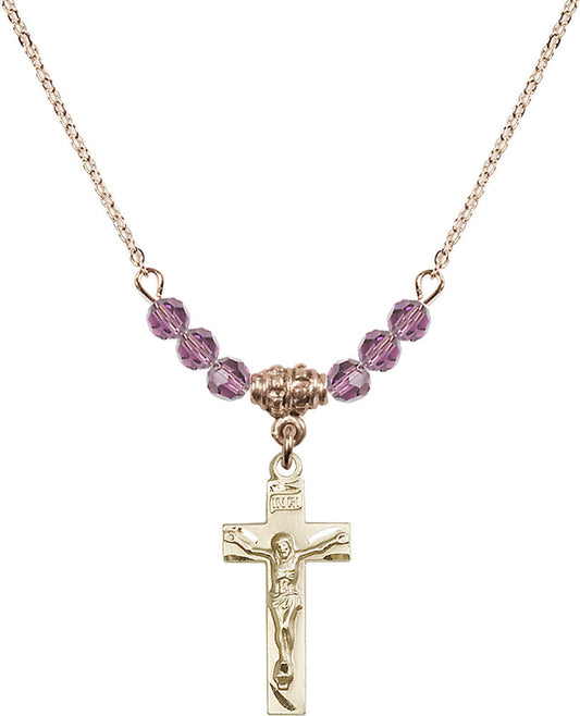 14kt Gold Filled Crucifix Birthstone Necklace with Light Amethyst Beads - 0006