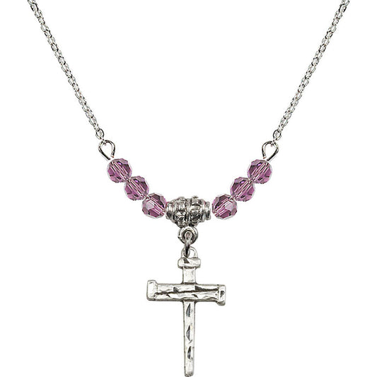Sterling Silver Nail Cross Birthstone Necklace with Light Amethyst Beads - 0012