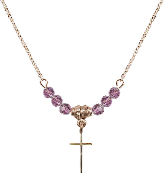 14kt Gold Filled Cross Birthstone Necklace with Light Amethyst Beads - 0014