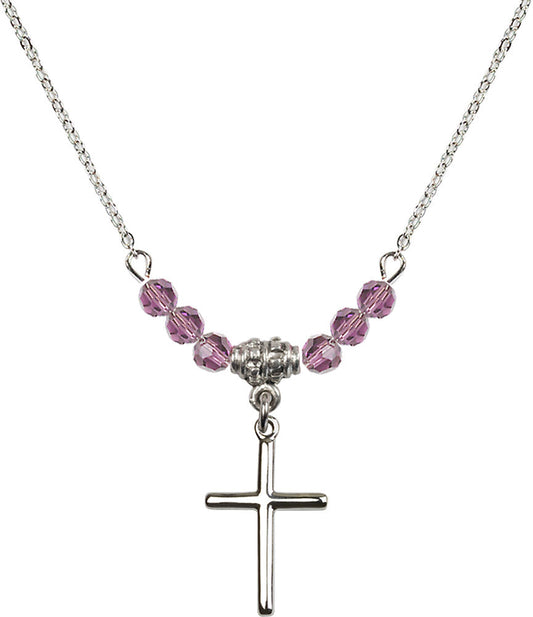 Sterling Silver Cross Birthstone Necklace with Light Amethyst Beads - 0017