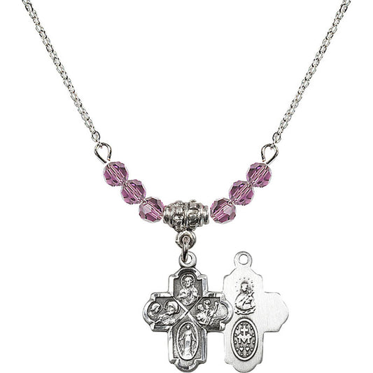 Sterling Silver 4-Way Birthstone Necklace with Light Amethyst Beads - 0047