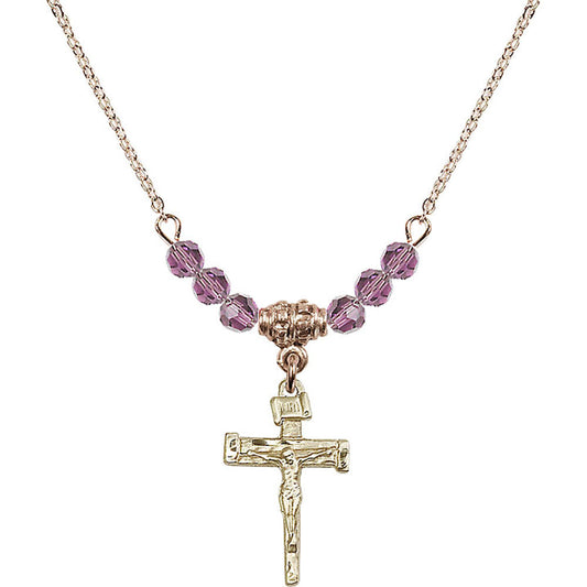 14kt Gold Filled Nail Crucifix Birthstone Necklace with Light Amethyst Beads - 0072