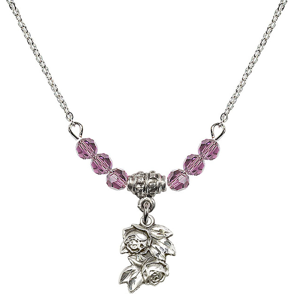 Sterling Silver Rose Birthstone Necklace with Light Amethyst Beads - 0204