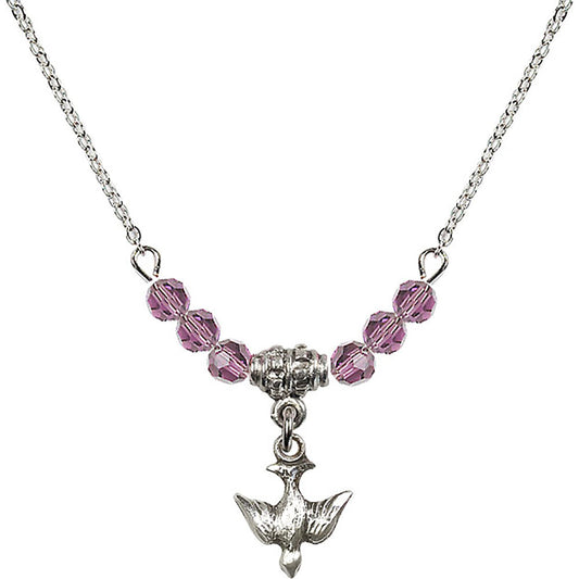 Sterling Silver Holy Spirit Birthstone Necklace with Light Amethyst Beads - 0208