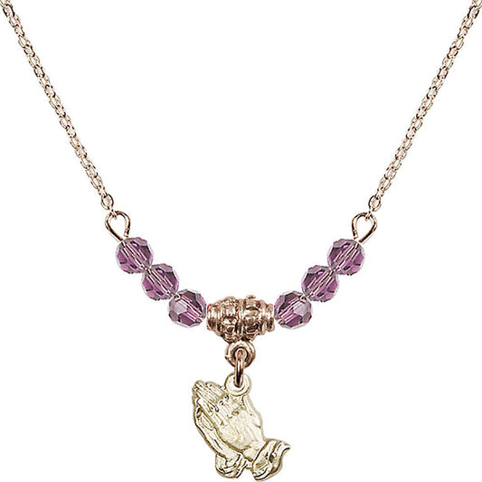 14kt Gold Filled Praying Hands Birthstone Necklace with Light Amethyst Beads - 0220