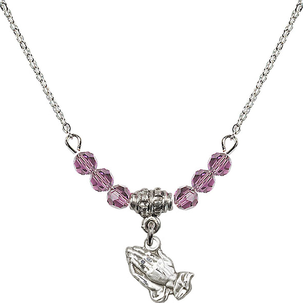 Sterling Silver Praying Hands Birthstone Necklace with Light Amethyst Beads - 0220