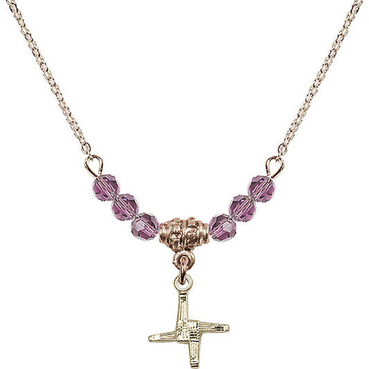 14kt Gold Filled Saint Brigid Cross Birthstone Necklace with Light Amethyst Beads - 0291